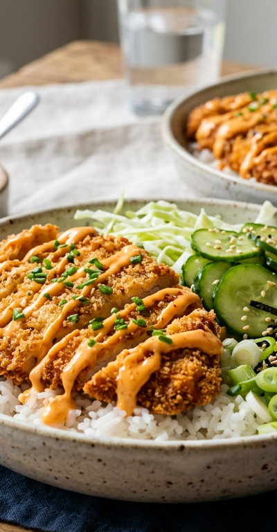 Speedy Chicken Katsu Rice Bowls with Spicy Mayo Drizzle