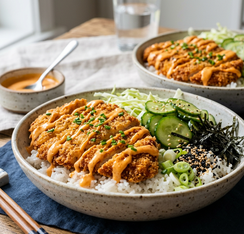 Speedy Chicken Katsu Rice Bowls with Spicy Mayo Drizzle