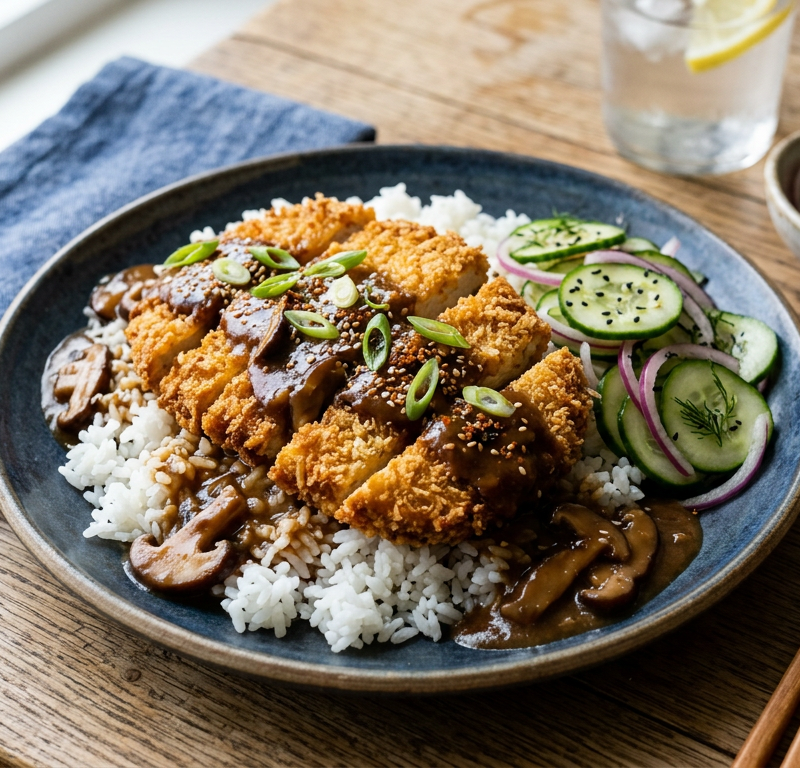 Shiitake-Miso Tofu Katsu with Steamed Rice and Quick Pickles