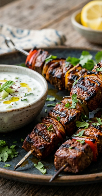 Moroccan Harissa Beef Skewers with Cucumber-Mint Yogurt