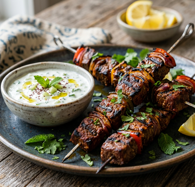 Moroccan Harissa Beef Skewers with Cucumber-Mint Yogurt