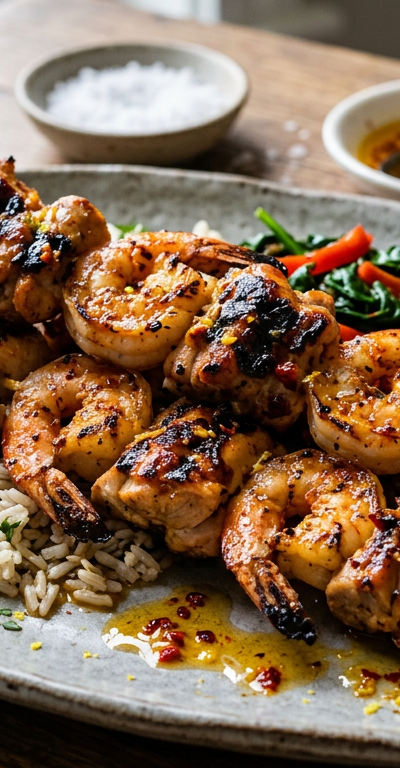 Chicken and Shrimp Surf-and-Turf Skewers with Chili-Lemon Oil