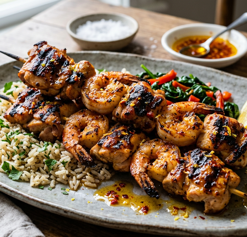 Chicken and Shrimp Surf-and-Turf Skewers with Chili-Lemon Oil