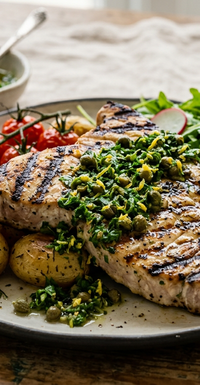 Grilled Mediterranean Swordfish with Salsa Verde
