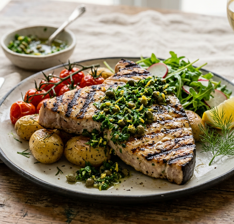Grilled Mediterranean Swordfish with Salsa Verde