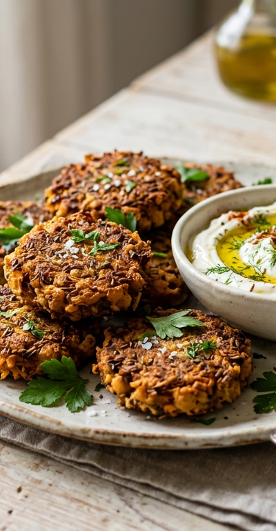 Cumin-Spiced Chickpea and Sweet Potato Fritters with Yogurt Dip