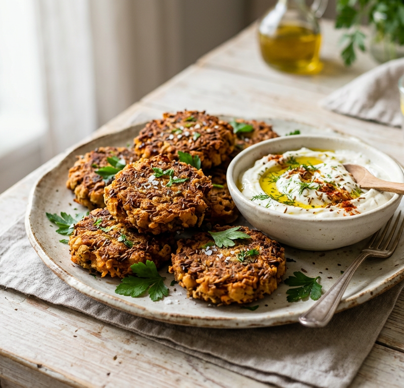 Cumin-Spiced Chickpea and Sweet Potato Fritters with Yogurt Dip