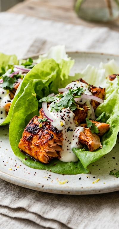 Harissa Salmon Lettuce Wraps with Garlic Yogurt Drizzle