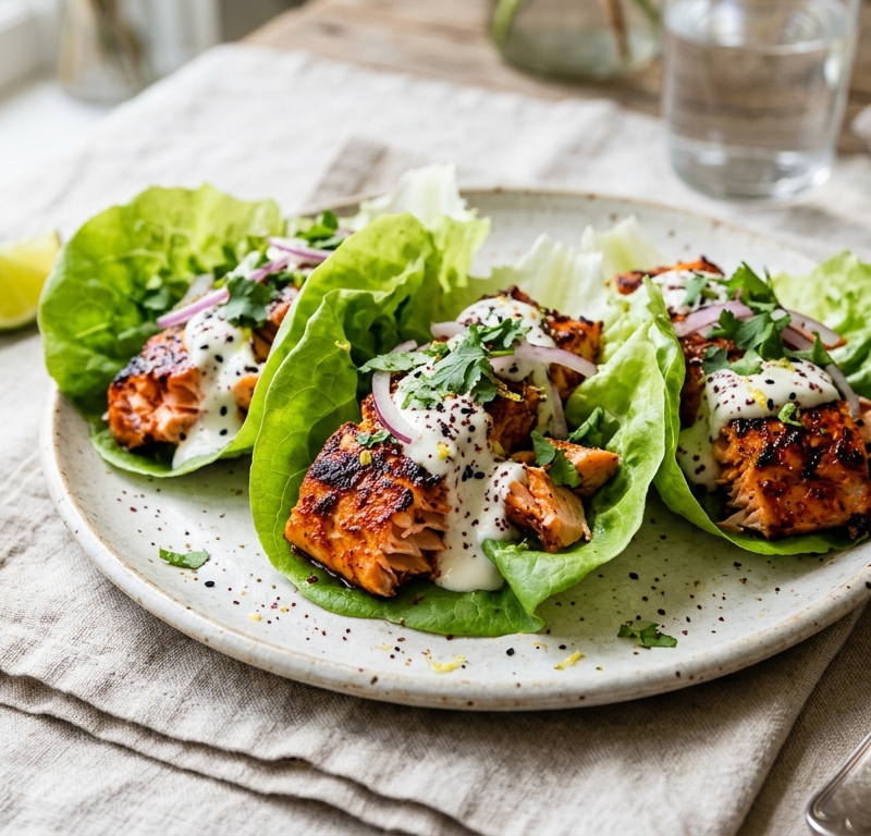 Harissa Salmon Lettuce Wraps with Garlic Yogurt Drizzle
