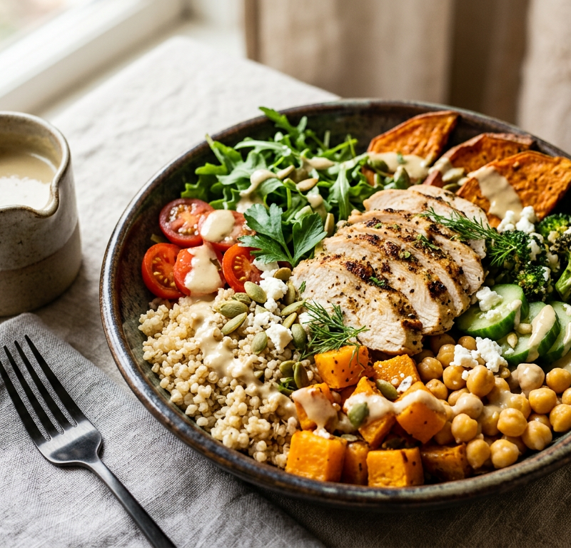 Farro and Chicken Harvest Bowl with Tahini Vinaigrette