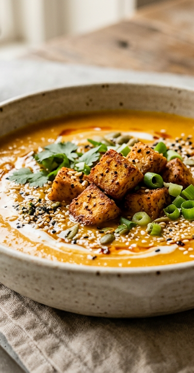 Creamy Sesame-Miso Pumpkin Soup with Crispy Tofu Bits