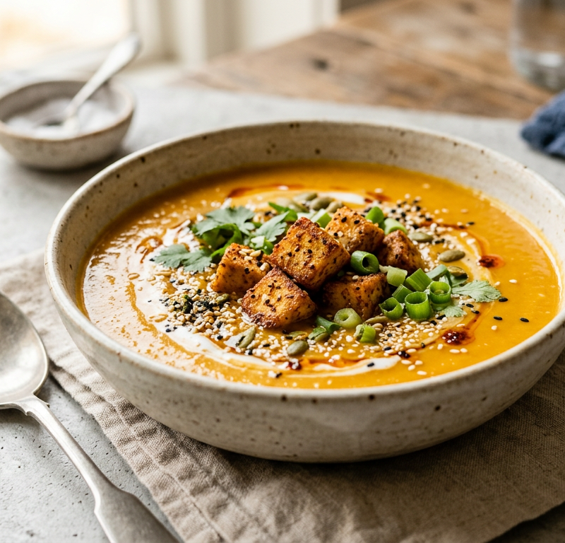 Creamy Sesame-Miso Pumpkin Soup with Crispy Tofu Bits