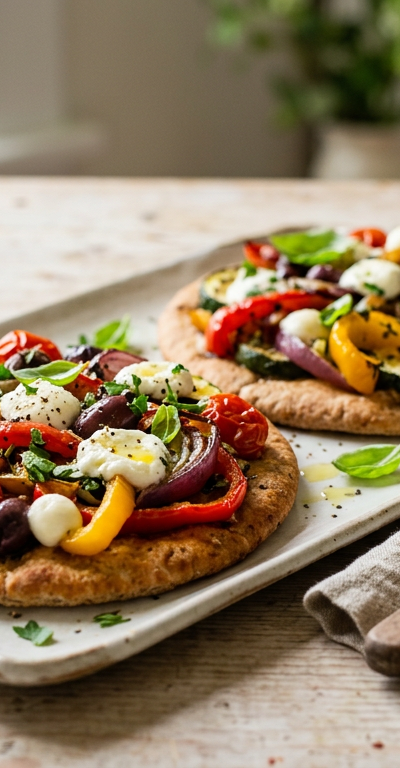 Whole-Wheat Pita Pizzas with Roasted Veggies & Goat Cheese