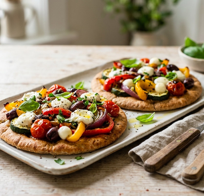 Whole-Wheat Pita Pizzas with Roasted Veggies & Goat Cheese