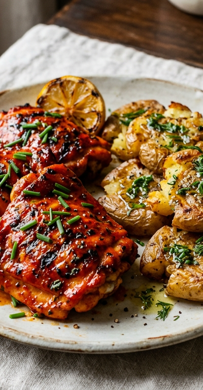 Spicy Buffalo Grilled Chicken Thighs with Crispy Smashed Potatoes