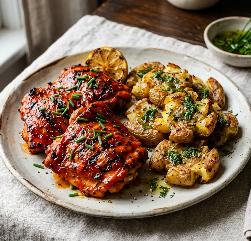 Spicy Buffalo Grilled Chicken Thighs with Crispy Smashed Potatoes