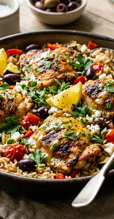Greek Chicken and Rice Skillet with Lemon-Oregano Sauce