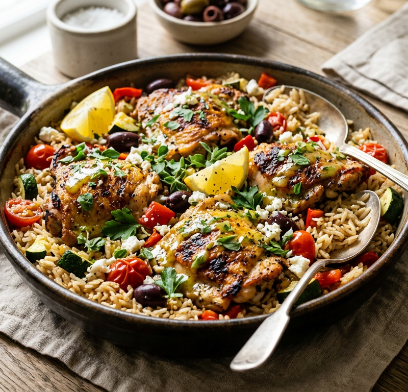 Greek Chicken and Rice Skillet with Lemon-Oregano Sauce