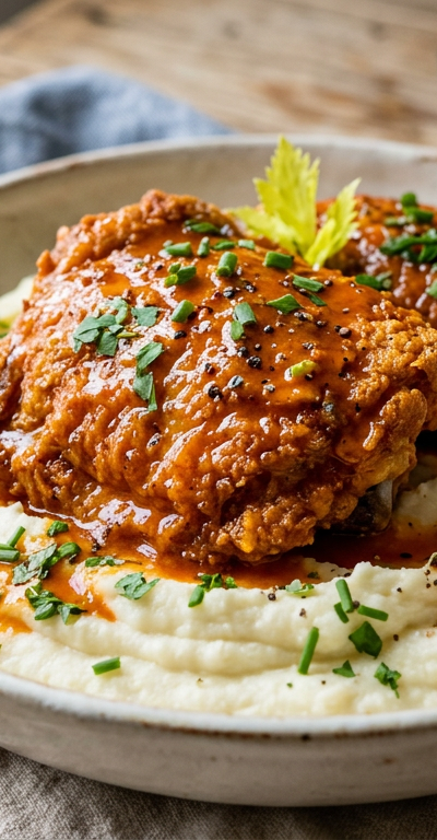 Crispy Buffalo Chicken Thighs with Buttery Hot Sauce over Mashed Cauliflower