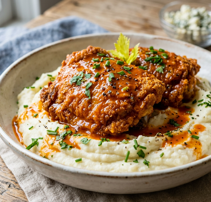 Crispy Buffalo Chicken Thighs with Buttery Hot Sauce over Mashed Cauliflower