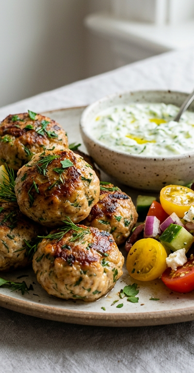Greek Turkey Meatballs with Tzatziki & Tomato Salad