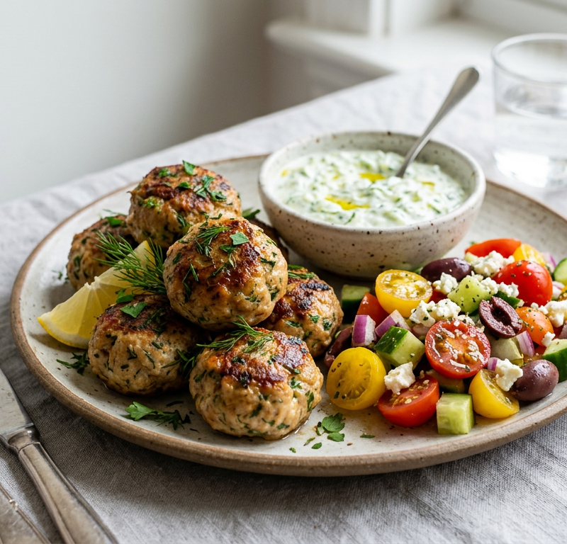 Greek Turkey Meatballs with Tzatziki & Tomato Salad