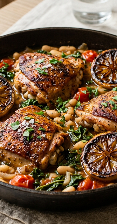 Smoky Chicken & White Bean Skillet with Charred Lemon