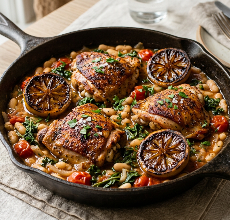 Smoky Chicken & White Bean Skillet with Charred Lemon