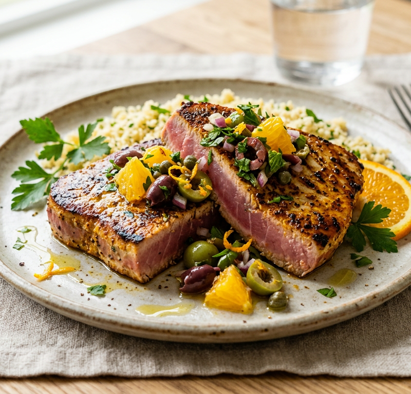 20-Minute Moroccan Spiced Tuna Steaks with Olive-Orange Relish