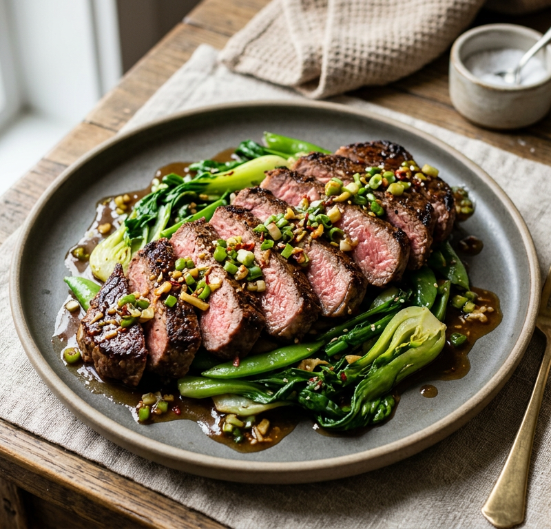 Five-Spice Seared Beef with Scallion-Ginger Sauce