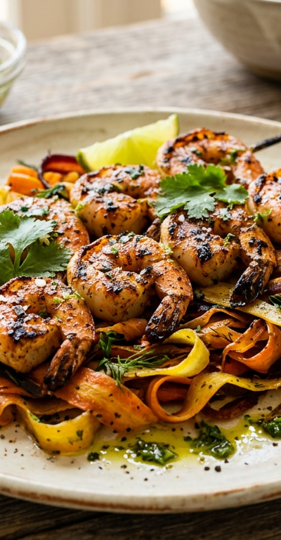 Grilled Cumin-Lime Shrimp Skewers with Roasted Carrot Ribbons