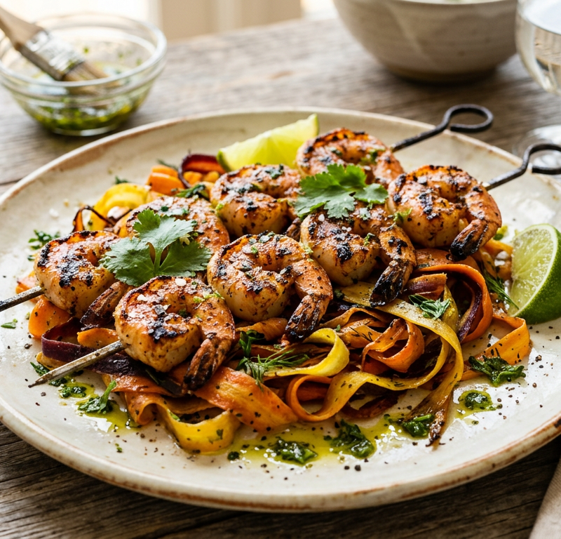 Grilled Cumin-Lime Shrimp Skewers with Roasted Carrot Ribbons