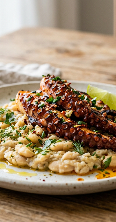 Spicy Garlic Octopus with Smashed White Beans