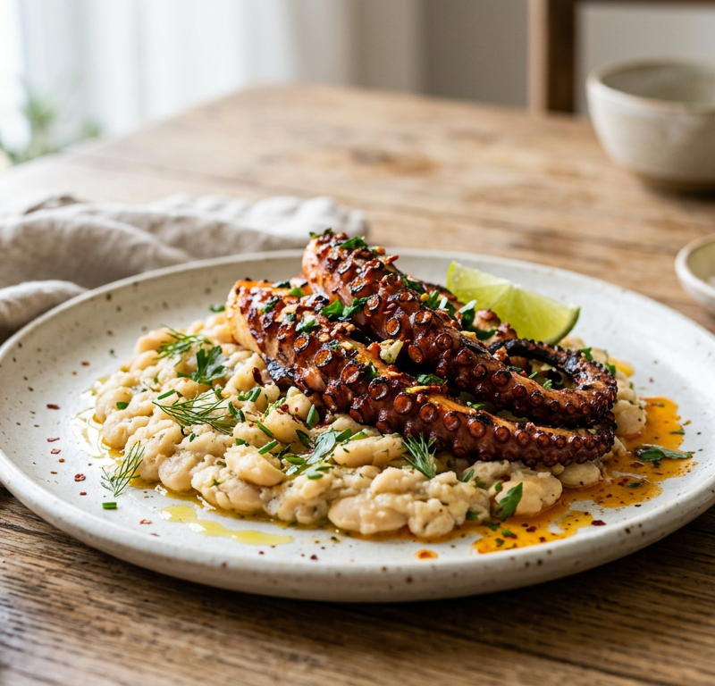 Spicy Garlic Octopus with Smashed White Beans