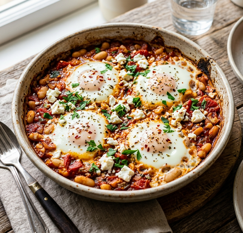 Spicy Garlic Feta Baked Eggs with White Beans