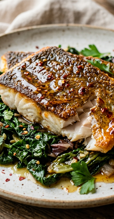 Hot Honey Crispy Branzino with Bitter Greens