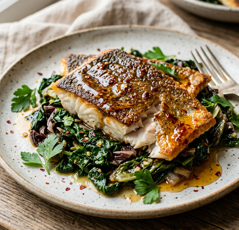 Hot Honey Crispy Branzino with Bitter Greens